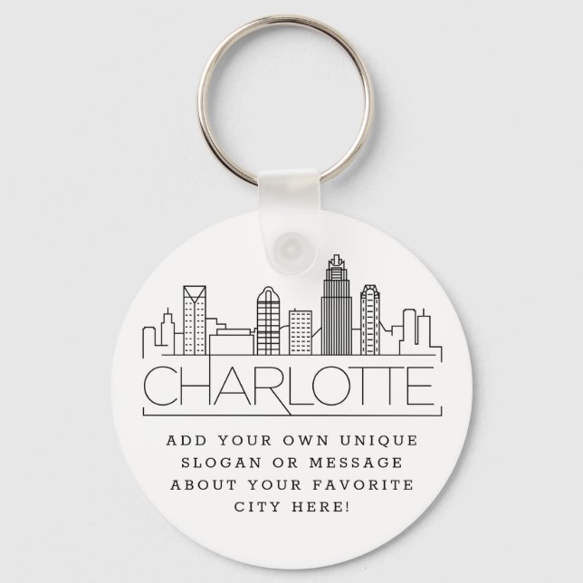 Chaveiro Charlotte, NC Stylized Skyline | Slogan Personaliz (Frente)