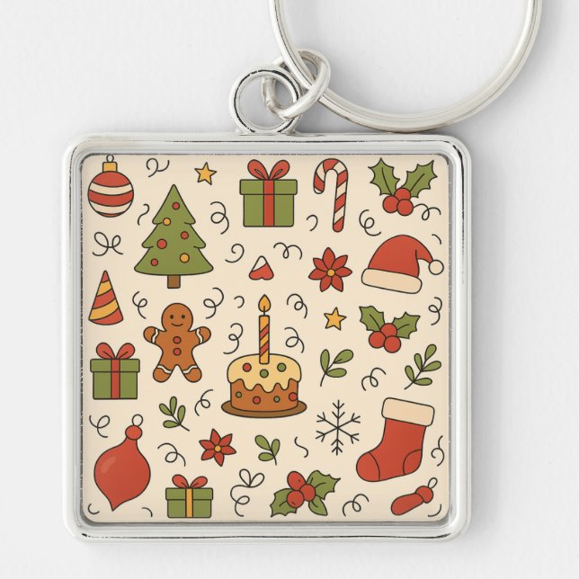Chaveiro Cheerful Christmas Doodle Pattern (Frente)