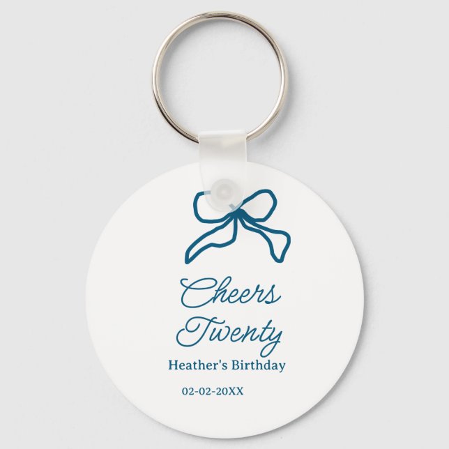 Chaveiro Cheers twenty blue birthday bow name date boho ret (Frente)