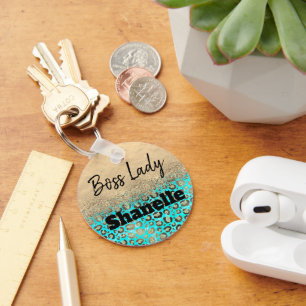 Chaveiro Chefe Lady Glittery Turquoise Leopard Personalizad
