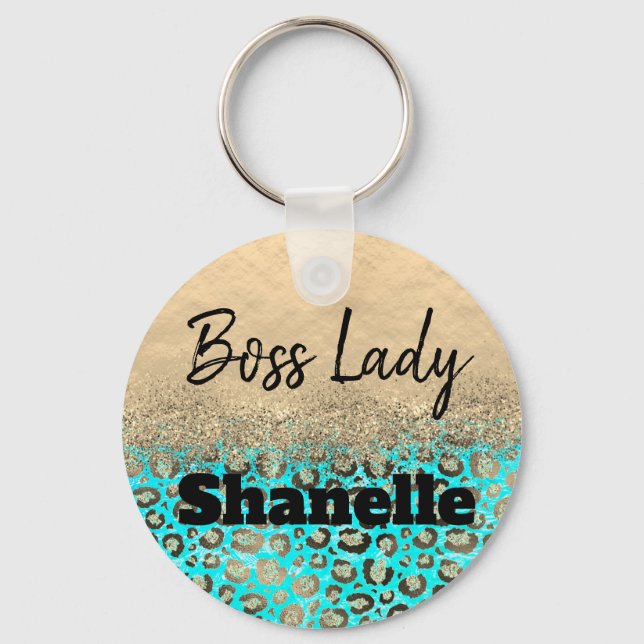 Chaveiro Chefe Lady Glittery Turquoise Leopard Personalizad (Frente)
