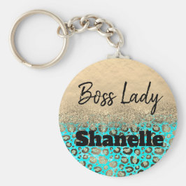 Chaveiro Chefe Lady Glittery Turquoise Leopard Personalizad