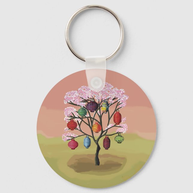 Chaveiro Cherry Blossom com lanternas de papel orientais (Frente)
