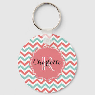 Chaveiro Chevron Coral e Aqua Nome Personalizado