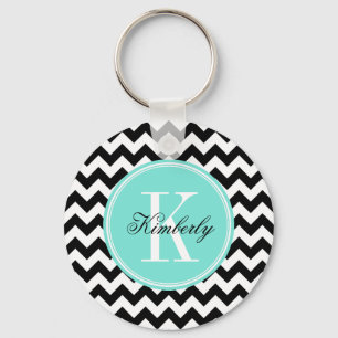 Chaveiro Chevron preto e branco com monograma de turquesa