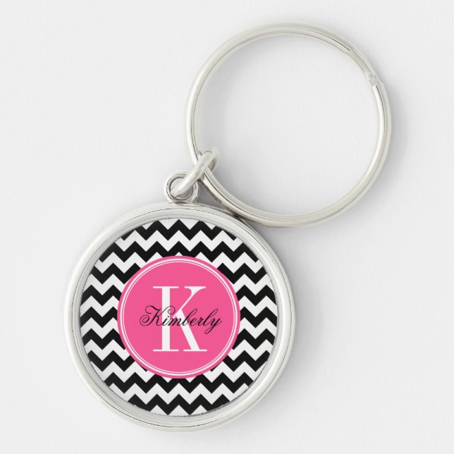Chaveiro Chevron Preto e Branco com Monograma Rosa (Frente)