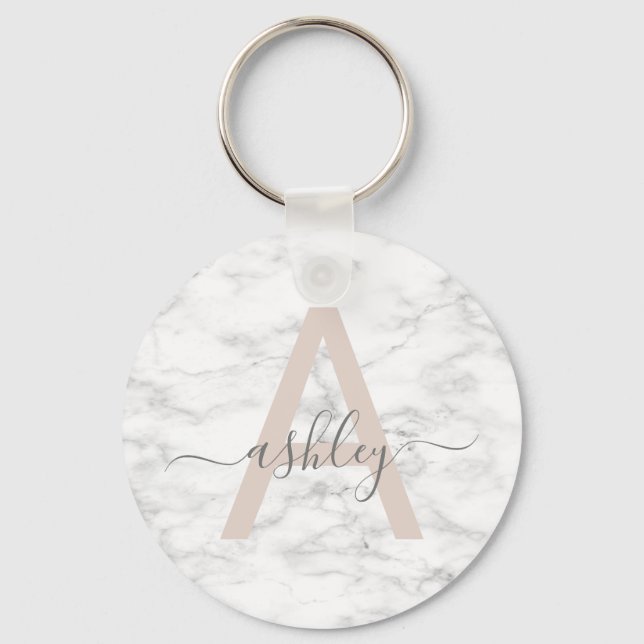 Chaveiro Chic Blush White Marble Script Name Monogramo (Frente)