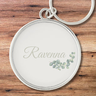 Chaveiro Chic Eucalipto Sálvia Marfim Nome Personalizado
