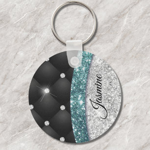 Chaveiro Chic girly faux Silver glitter black teal monogram