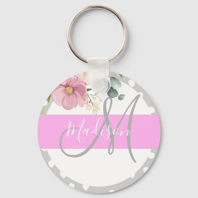 Chaveiro Chic & Girly Floral Branco Rosa Cinza Monograma No (Frente)