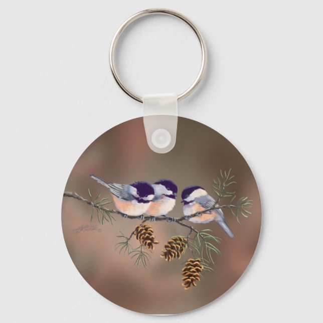 Chaveiro CHICKADEE & PINE CONES por SHARON SHARPE (Frente)