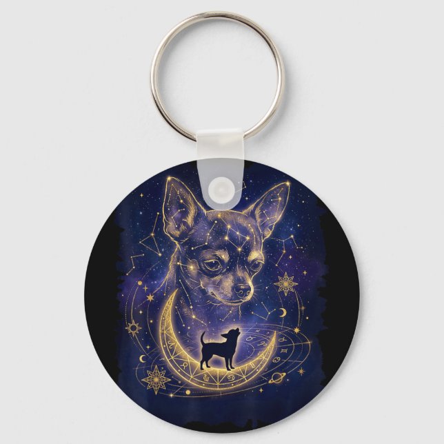 Chaveiro chihuahua celestial uivando para a fase da lua (Frente)