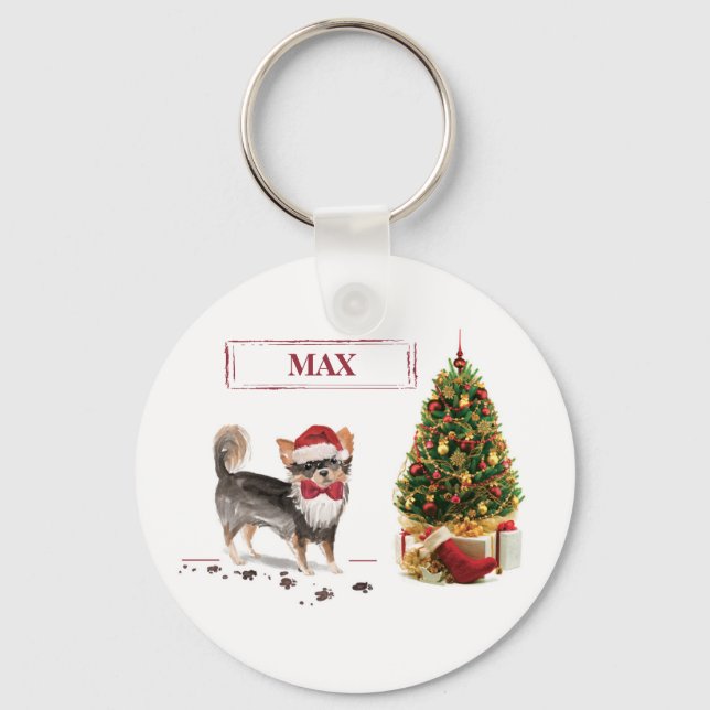 Chaveiro Chihuahua de Cabelo Longo Árvore de Natal Engraçad (Frente)