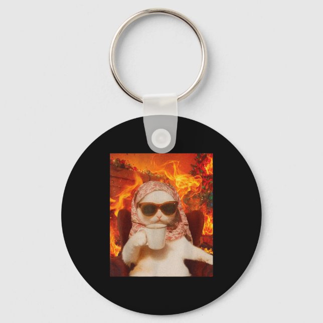 Chaveiro Chill Cat And Coffe Xmas Funny Cat Meme Y2k Joke  (Frente)