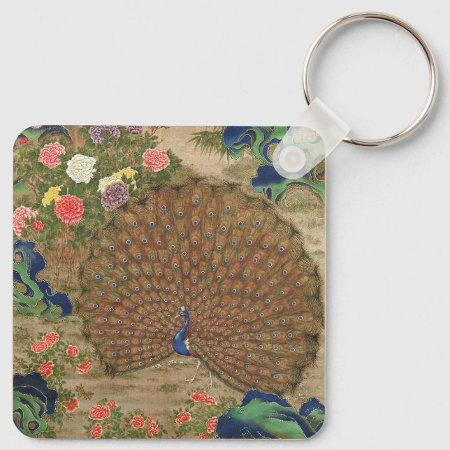 Chaveiro Chinoiserie Pavão Azul com Jardim de Flores Exótic (Verso)