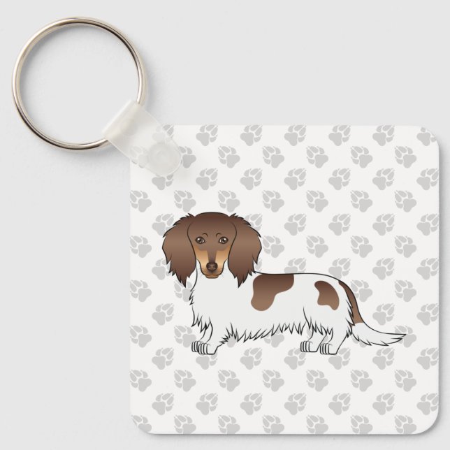 Chaveiro Chocolate & Tan Piebald Dachshund de Pelo Longo &  (Frente)