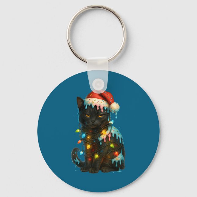 Chaveiro Christmas Black Cat Ice Cream Drip Santa Hat Cute  (Frente)