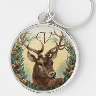 CHAVEIRO CHRISTMAS DEER, PINE CONES CROWN MONOGRAM LETOR