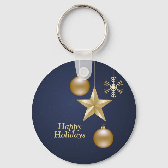 Chaveiro Christmas Golden Ornaments Stars Navy Blue Elegant (Frente)