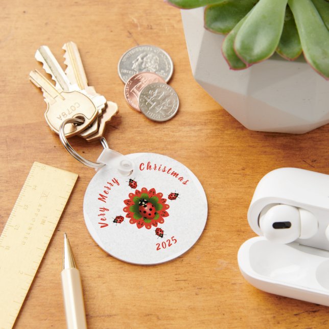 Chaveiro Christmas Ladybug Red Green White Round (Mesa)
