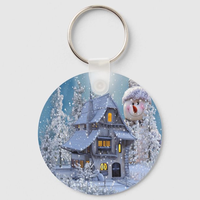 Chaveiro Christmas Party Winter White Snowman Blue Rustic (Frente)