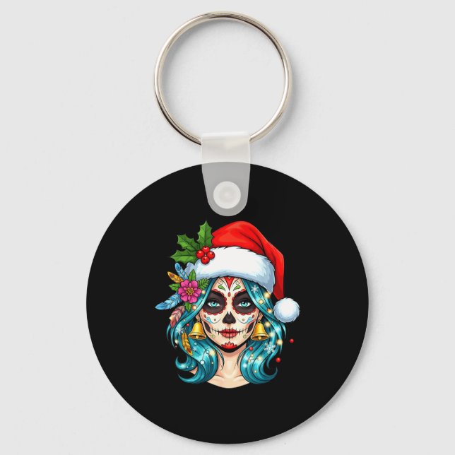 Chaveiro Christmas Sugar Skull Art Woman Santa Hat Festive  (Frente)