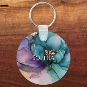 Chaveiro Chuva de Noiva Flor Roxa Azul Dourado Aqua