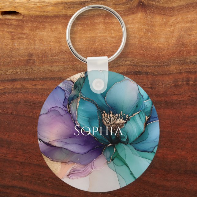 Chaveiro Chuva de Noiva Flor Roxa Azul Dourado Aqua (Frente)