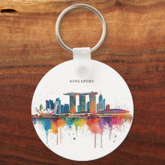 Chaveiro Cidade de Singapura Retrô Aquarela Silhueta