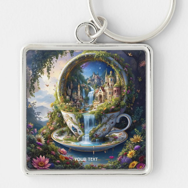 Chaveiro Cidade de Xícara Ornamentada de Fantasia Fofa (Frente)