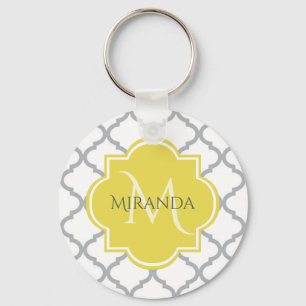 Chaveiro Cinza Branca Quatrefoil Amarelo Nome Monograma