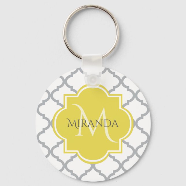 Chaveiro Cinza Branca Quatrefoil Amarelo Nome Monograma (Frente)