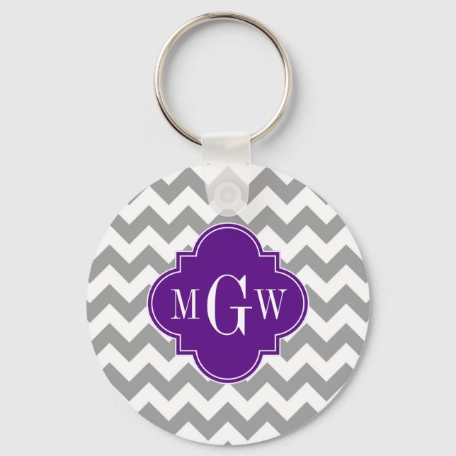 Chaveiro Cinza Chevron Branco Quatrefoil 3 Monograma Roxo (Frente)