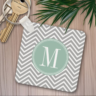 Chaveiro Cinza e Padrão de Chevron Verde Mint com Monogram