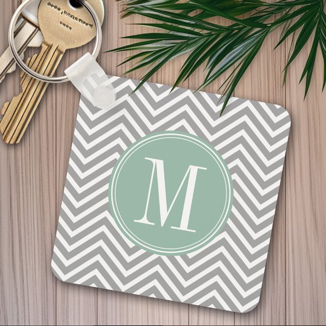 Chaveiro Cinza e Padrão de Chevron Verde Mint com Monograma (Personalized keychain - Add Name or Monogram)