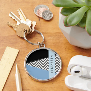 Chaveiro Cinza Zigzag, Cinza Chevron, Azul, Seu Nome