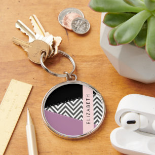 Chaveiro Cinza Zigzag, Cinza Chevron, Purple, Seu Nome