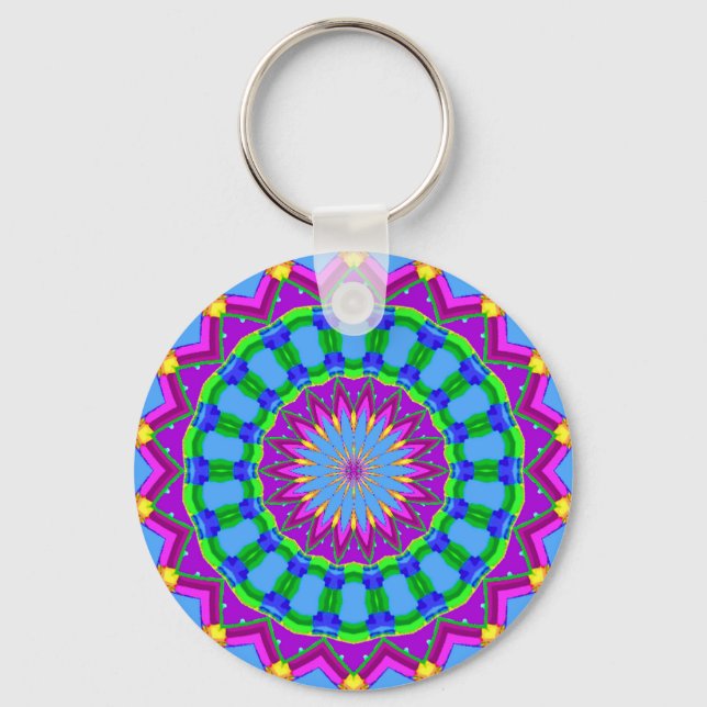 Chaveiro Círculo Caleidoscópio Trendy Zigzag Azul e Púrpura (Frente)