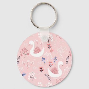 Chaveiro Cisnes Brancos Doces em Ballet Floral Rosa Pastel