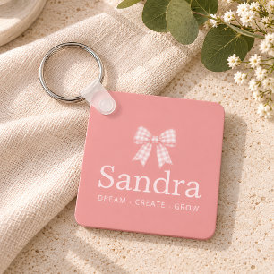Chaveiro Citação de Nome com Laço Xadrez Rosa Preppy