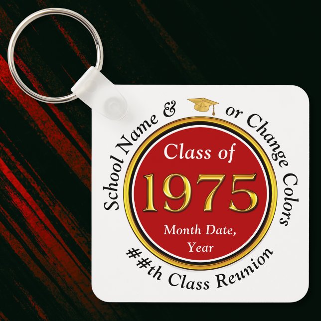 Chaveiro Classe da Reunião de 1975. Favoritos para festas d (Class of 1975 Reunion. Red, White, Black and Gold, Class reunion keychains. Class of 1975 ideas.)
