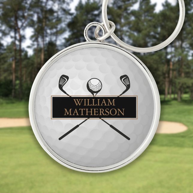 Chaveiro Clássico de bola de golfe preto e Dourado personal (Personalized Gold and Black Golf Ball Classic Keychain)