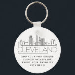 Chaveiro Cleveland, Ohio Stylizou Skyline | Slogan Personal<br><div class="desc">Uma cadeia chave única representando a bela cidade de Cleveland,  Ohio. Este chaveiro apresenta uma ilustração estilizada do horizonte único da cidade com seu nome embaixo. Por baixo do nome da cidade está um lugar para o seu slogan ou afirmação exclusivo sobre a sua cidade favorita.</div>