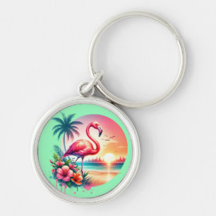 Chaveiro Clipart do Pôr do Sol do Flamingo Rosa-93938