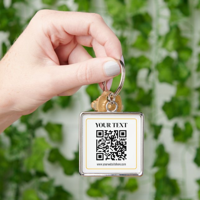 Chaveiro Código QR e texto editáveis com borda de ouro amar (Mão)