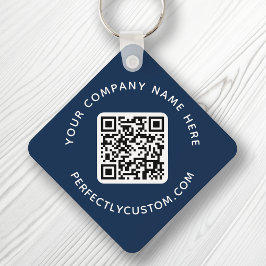 Chaveiro Código QR e texto personalizado azul-escuro de lad