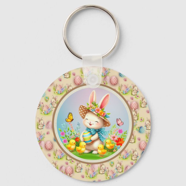 Chaveiro Coelhinho de Páscoa Fofo e Flores Felizes de Prima (Frente)