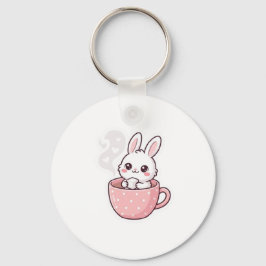 Chaveiro :  Coelhinho Kawaii Fofo em um Botão de Xícara de 