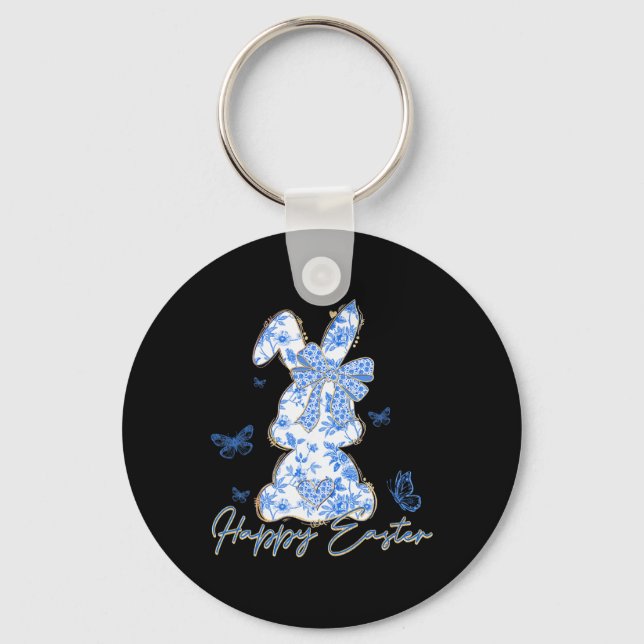 Chaveiro Coelho da Páscoa Feliz Azul Chinoiserie Dia de Pás (Frente)