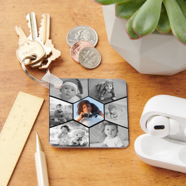 Chaveiro Colagem de Fotos de Hexágono Preto e Branco (Mesa)